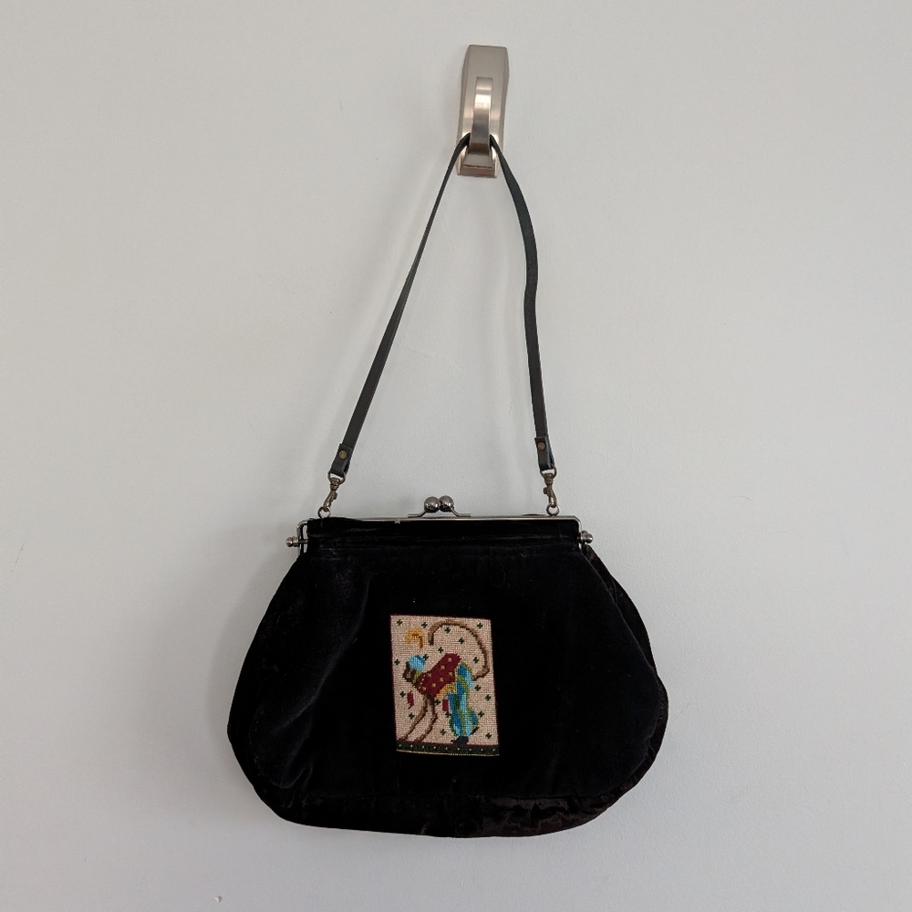 Women's Vintage Needlepoint Purse Monkey Embroidered Black 12" Wide Velvet